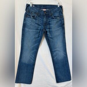 True Religion Jeans Mens Size 32 Blue Color Ricky Straight Black Stiching